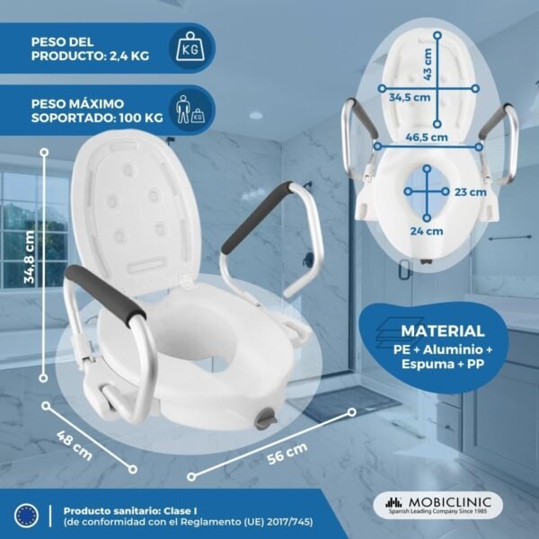 Elevador WC para Adultos, 17cm con reposabrazos abatibles y Acolchados - Imagen 2